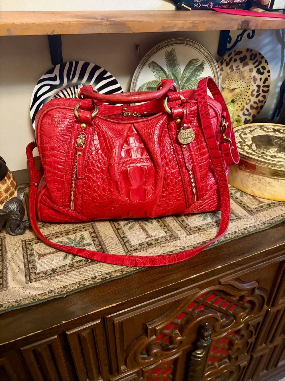 Brahmin Red Croc-Embossed Satchel with Gold Hardware